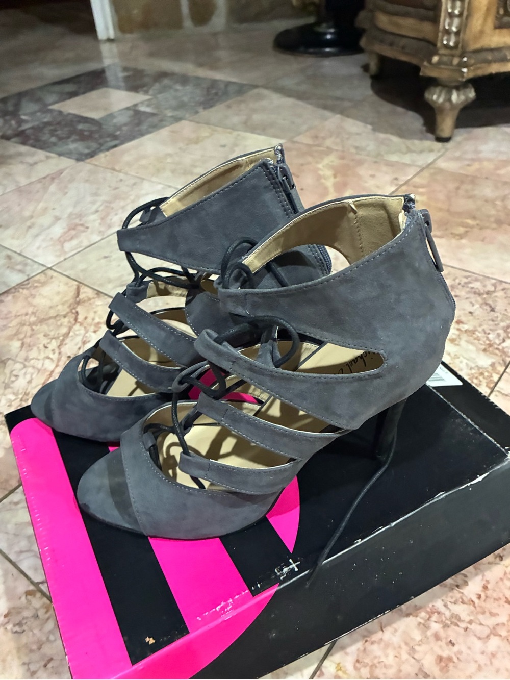Grey Strappy Suede High Heel Sandals - Women